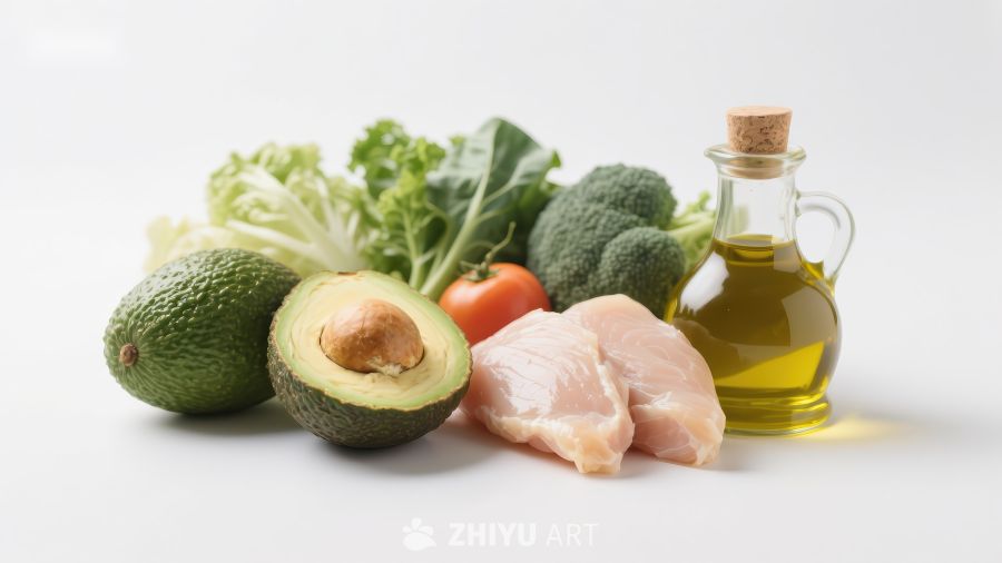 健康食材组合：鸡肉、牛油果与蔬菜