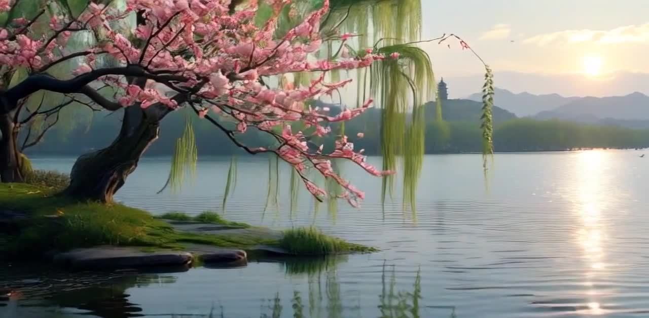 湖畔柳树花开塔影山峦夕阳