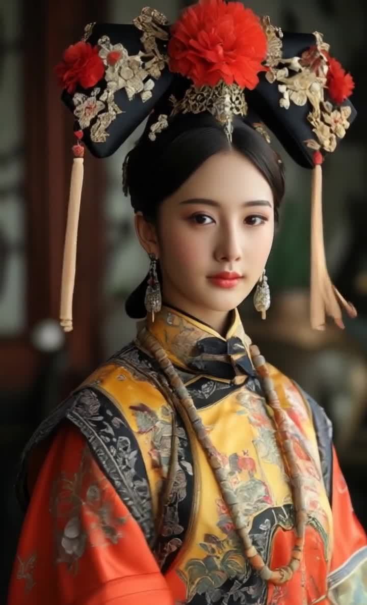 清朝女子盛装画像：华丽头饰与精致服饰
