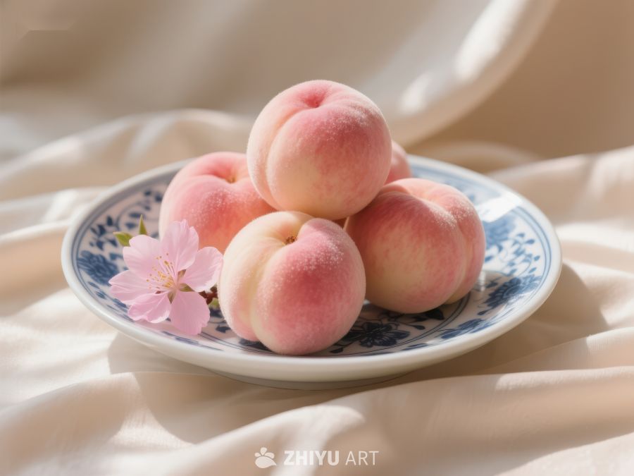 盘中新鲜水蜜桃与粉色花朵 273