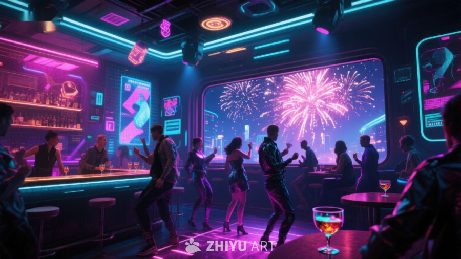 霓虹夜店狂欢，烟花映衬舞动身影 442
