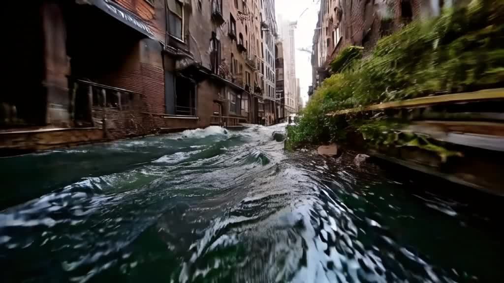 洪水淹没的城市街道，水流湍急，波涛汹涌。两旁是破旧