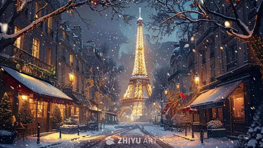 下着雪，可以看到埃菲尔铁塔，街道两旁是建筑物，建筑