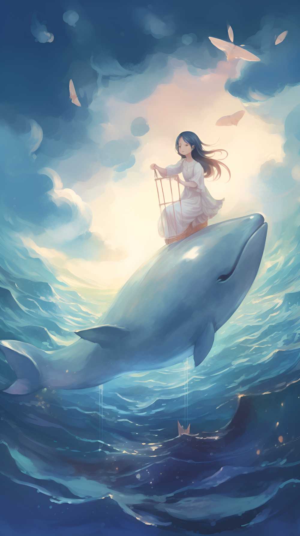 一个女孩和一只乳白色的海豚在天空中
