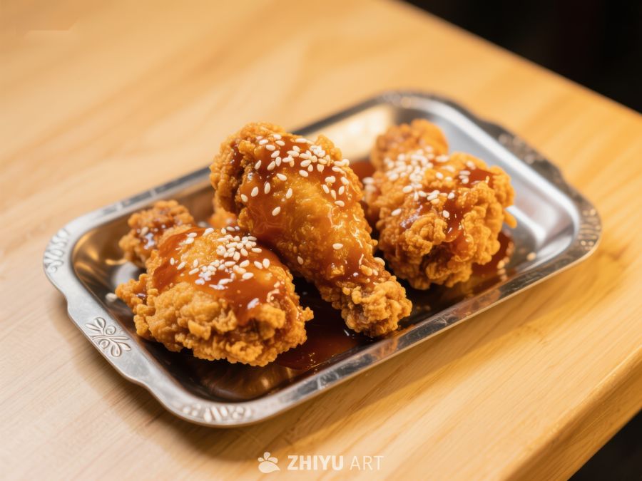 酥脆炸鸡配酱汁，撒上芝麻 1112
