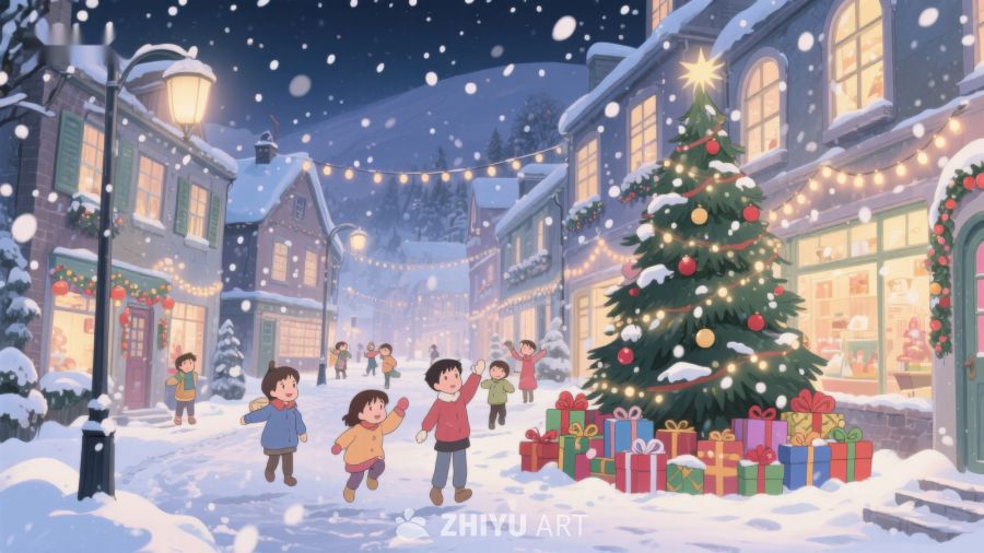 雪夜小镇的圣诞树与欢笑 350