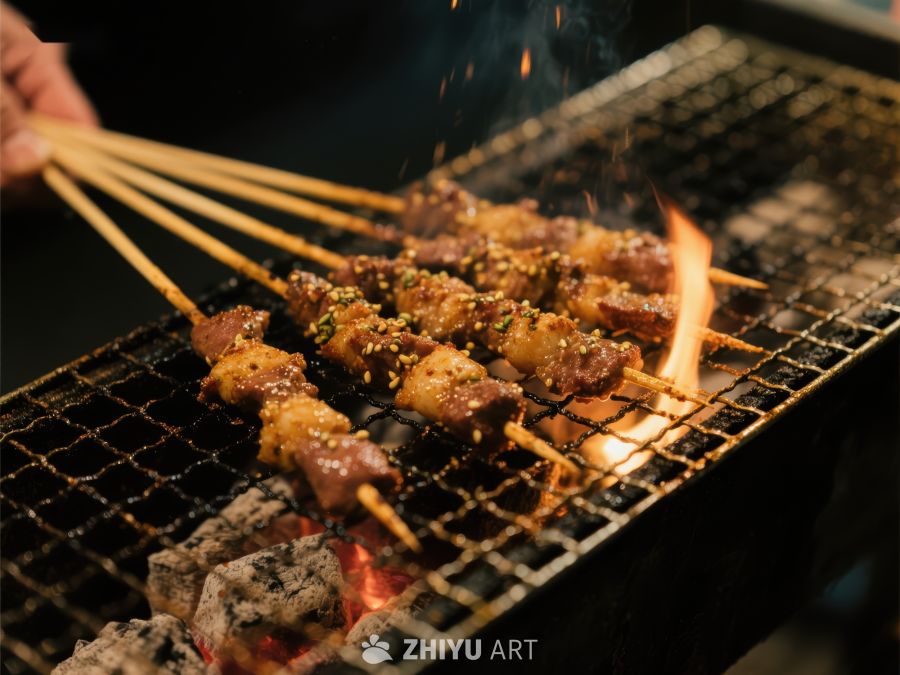烤肉串在炭火上翻烤 574