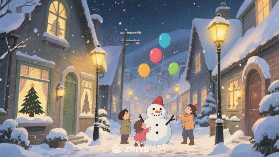 冬夜雪景中孩子们与雪人嬉戏 103