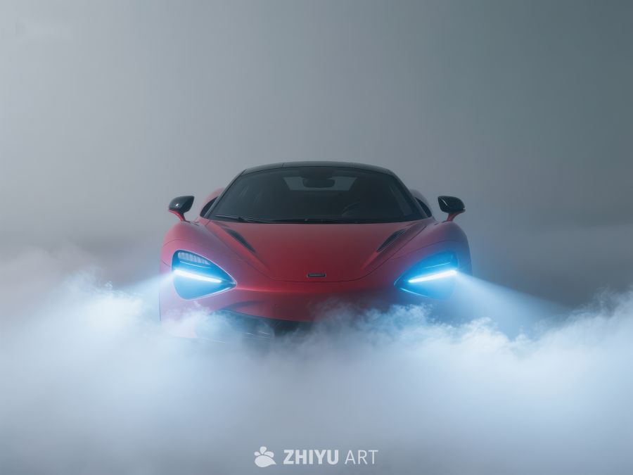 红色跑车在雾中闪烁灯光 137