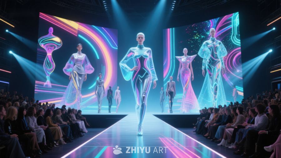 未来感时装秀场，模特展示炫彩服饰 617
