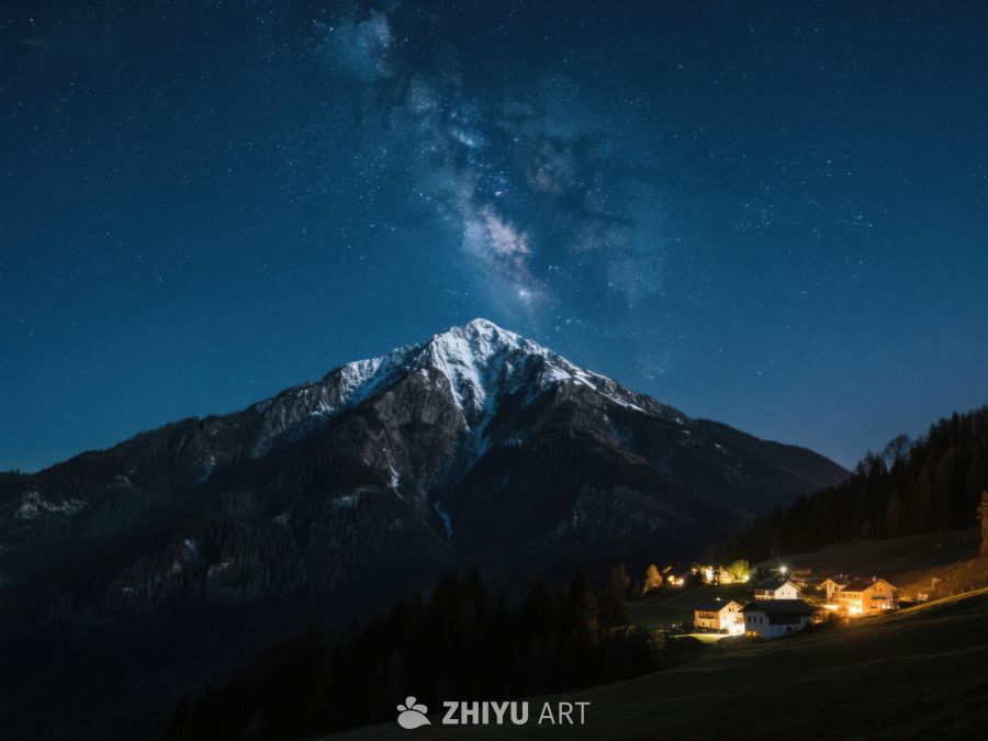 夜空银河下的雪山与村落 375