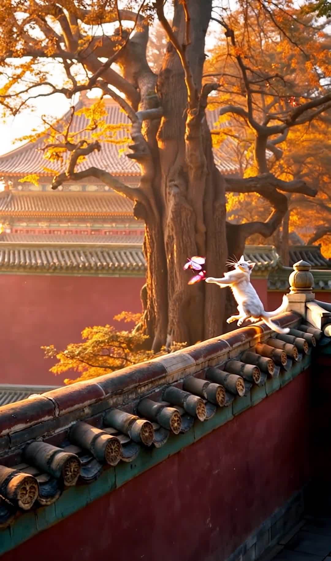 故宫秋色：白猫追蝶跃于屋檐之上