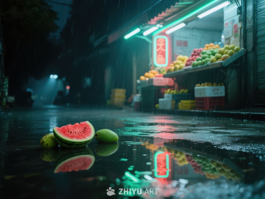 雨夜街头的西瓜与霓虹灯 768