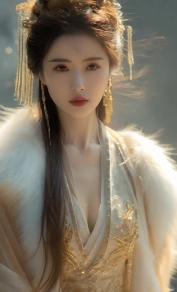 古装女子，白衣毛绒披肩，发饰精致，柔和背景