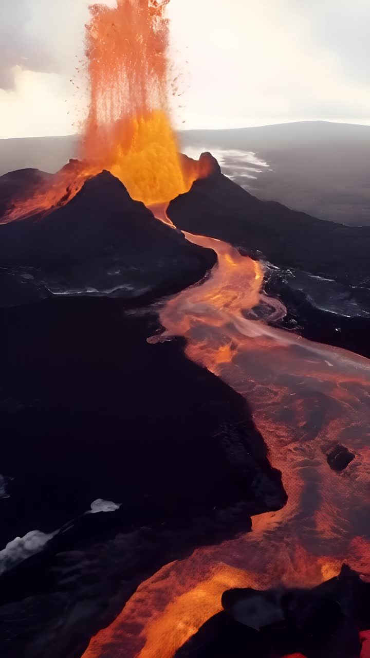 火山喷发时，岩浆从火山口涌出，形成壮观的熔岩流。炽