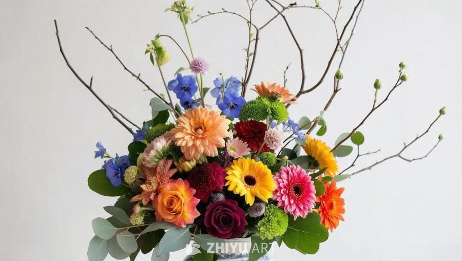 一束鲜花，由多种颜色和品种的花朵组成，包括橙色、黄