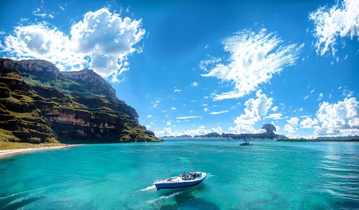 一艘白色游艇在蓝色海水中航行，船上似乎有人。在游艇
