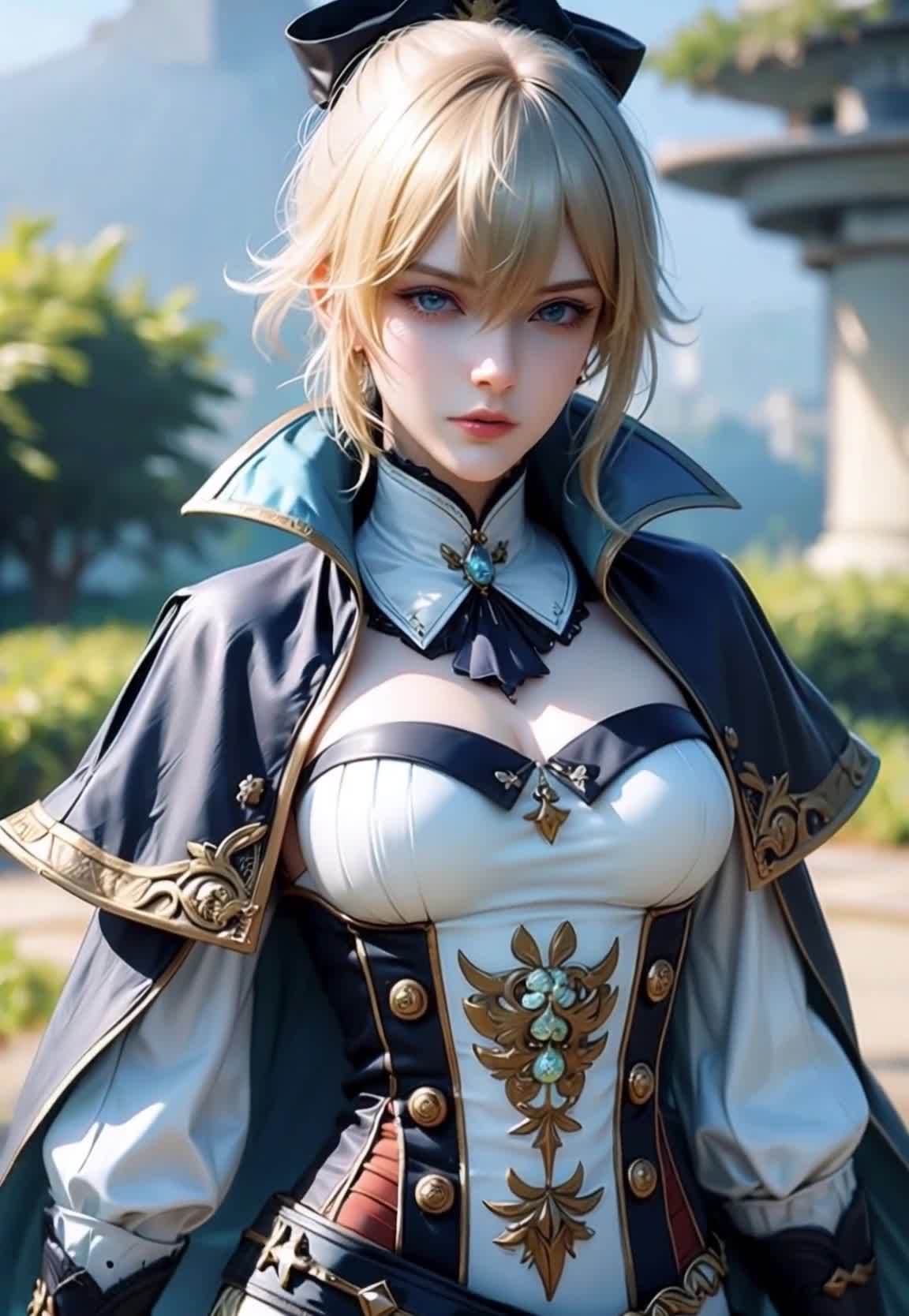 金色短发蓝眼女子着白色紧身胸衣外套，户外风景