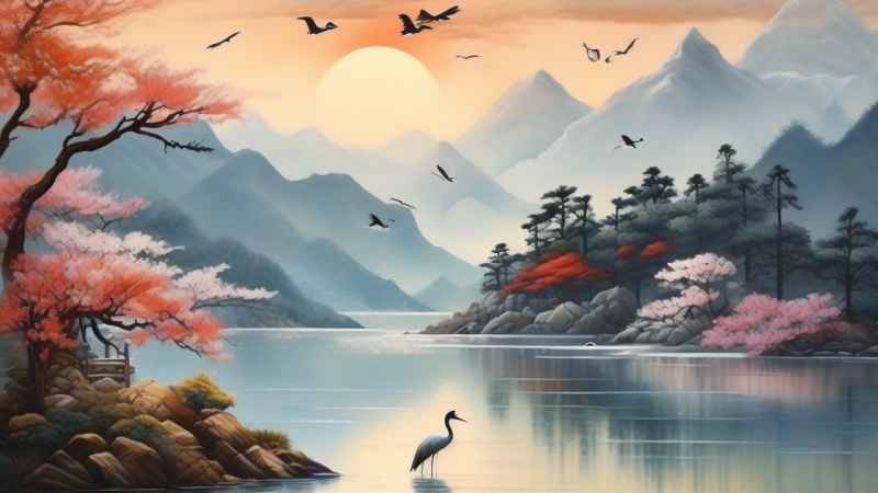 国风山水鹤插画背景 47
