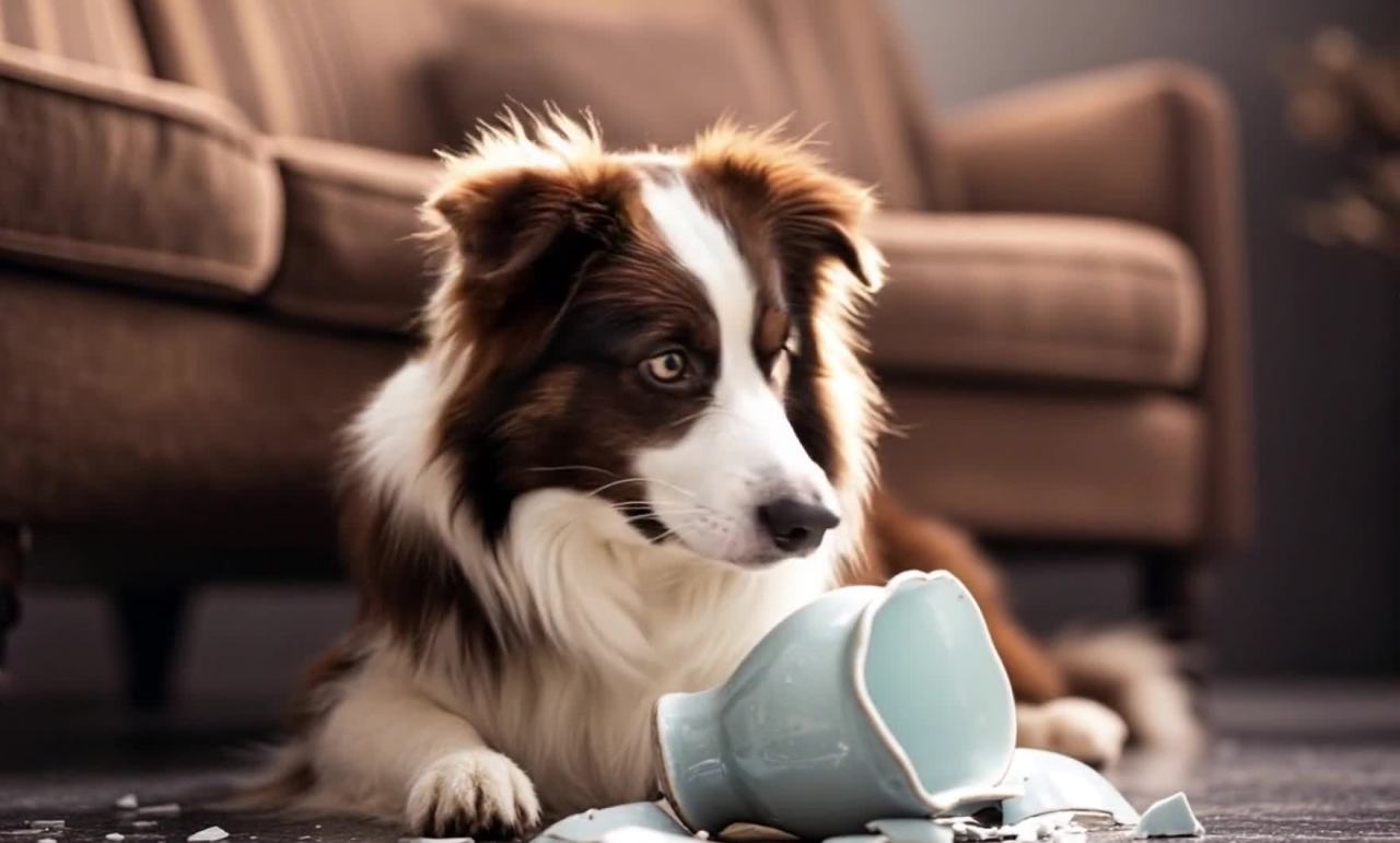 一只棕色和白色的边境牧羊犬趴在地上。它的眼睛直视前