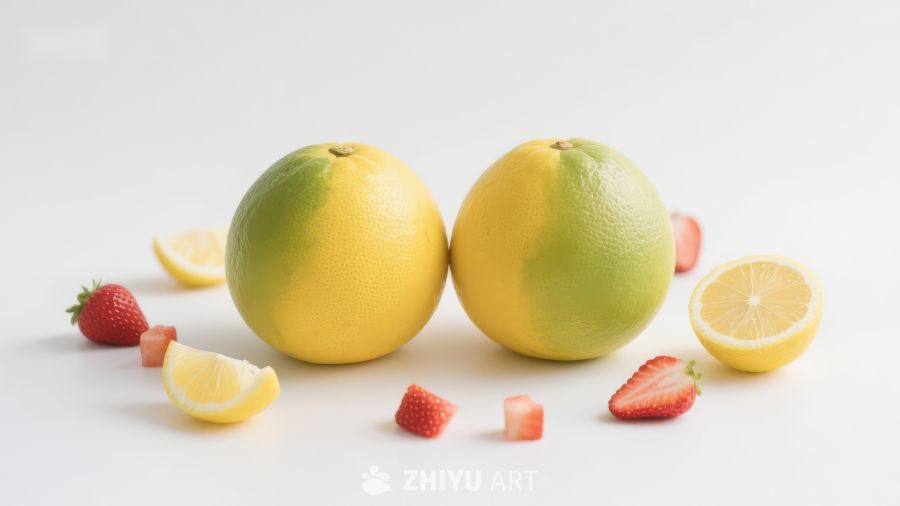 新鲜水果组合：柚子、柠檬与草莓