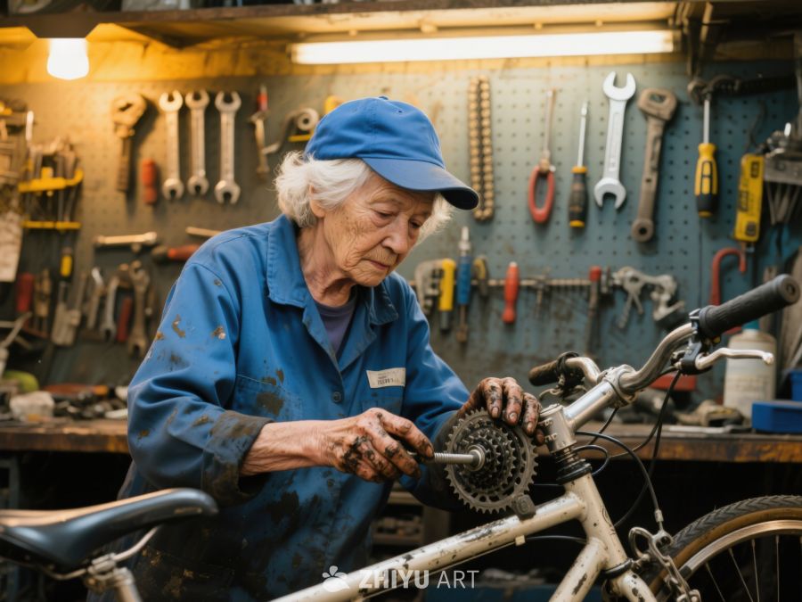 老人在车间修理自行车 488