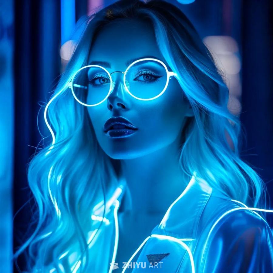 一位女性戴着发光的圆形眼镜，身穿发光的白色外套，涂