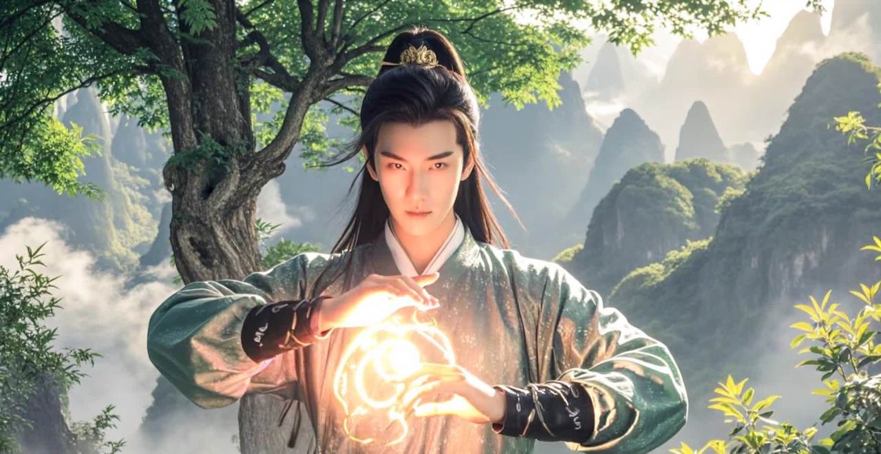 树叶在微风中摇曳，头发在空中飘动。一名身着绿色长袍