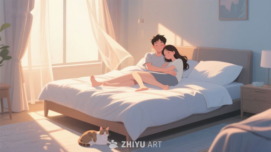 温馨卧室中的情侣与猫咪 464