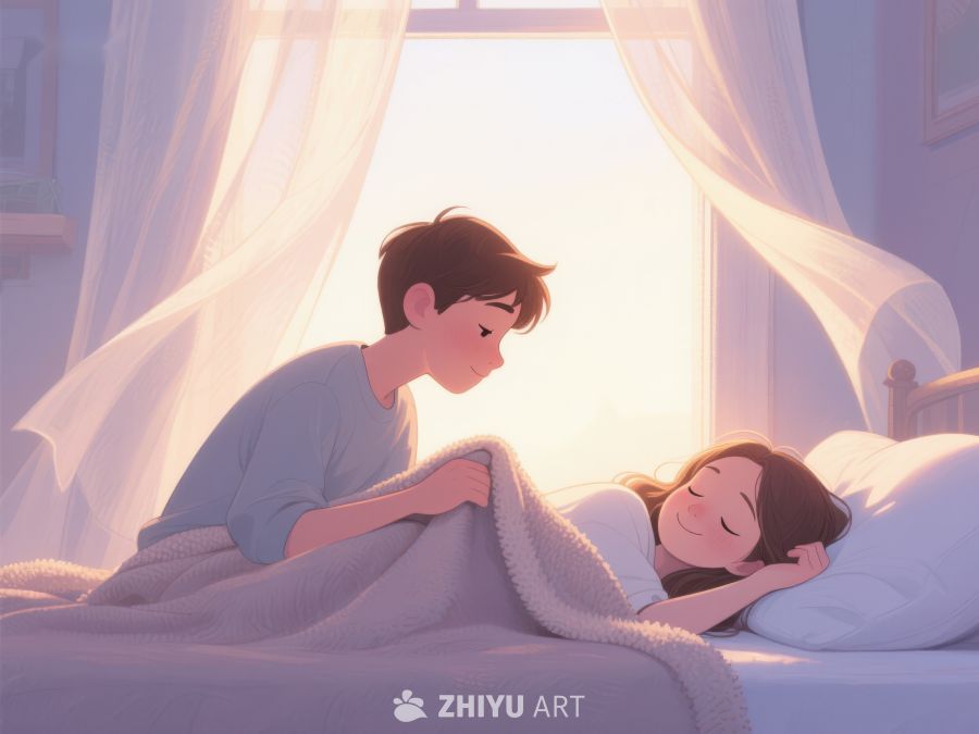 温馨晨光中，男孩轻抚女孩的梦境 700