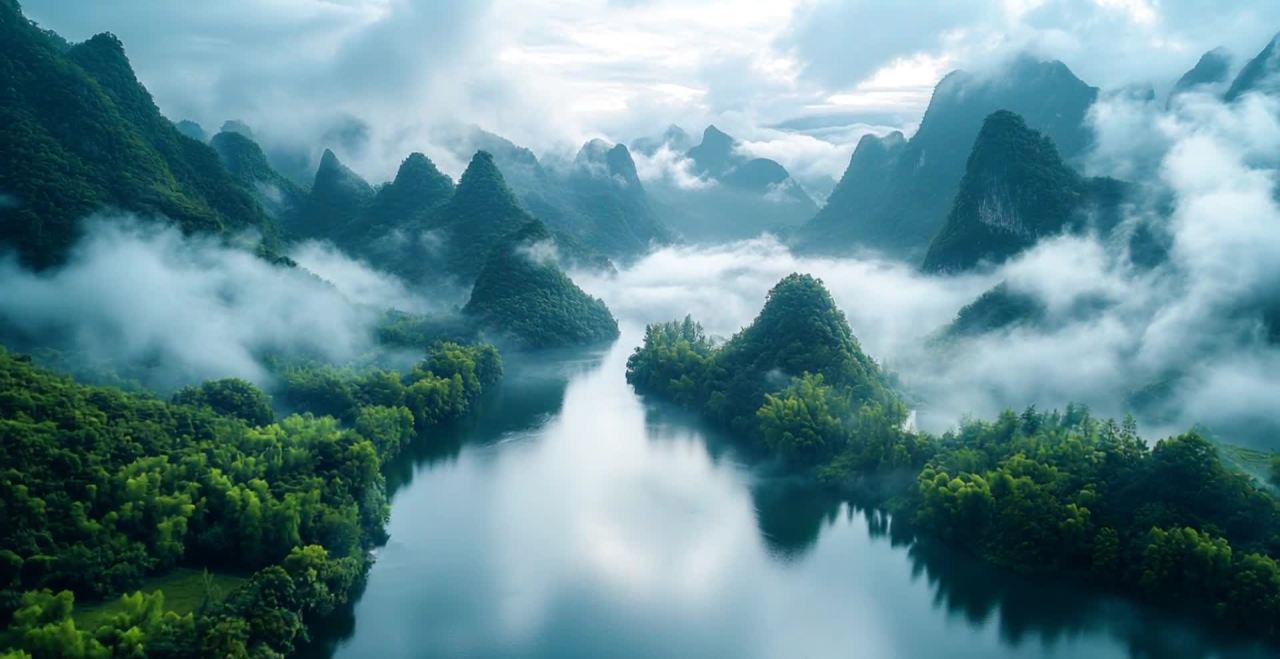 连绵的山峰矗立在水面上，雾气缭绕，形成独特的景观。
