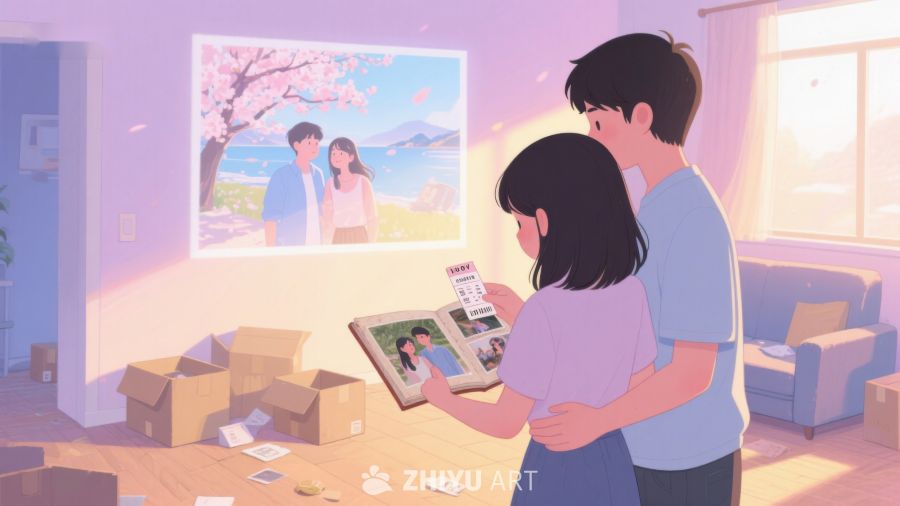 情侣在新家翻看相册回忆往昔 279