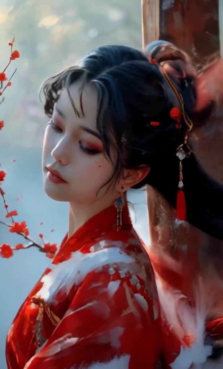 古装美人倚树，红衣红花，专注凝视远方。
