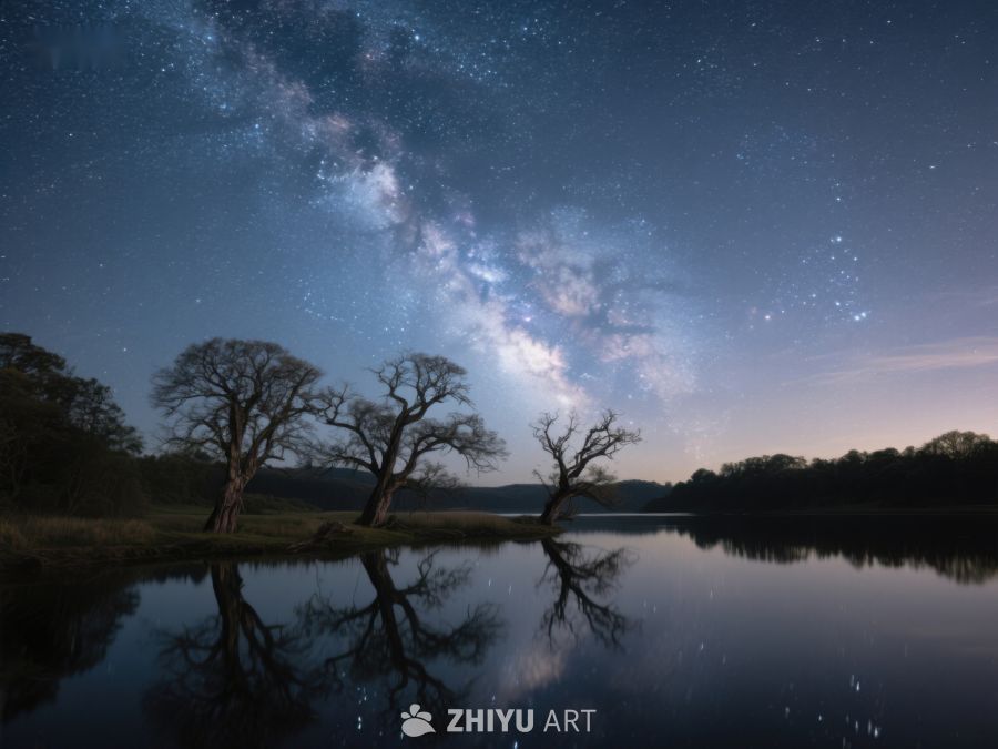 银河映照湖面，夜空下的静谧树影 557