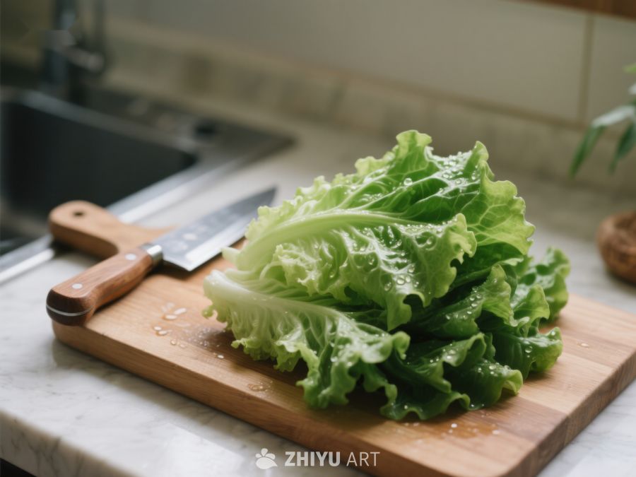 新鲜生菜置于厨房砧板上 284
