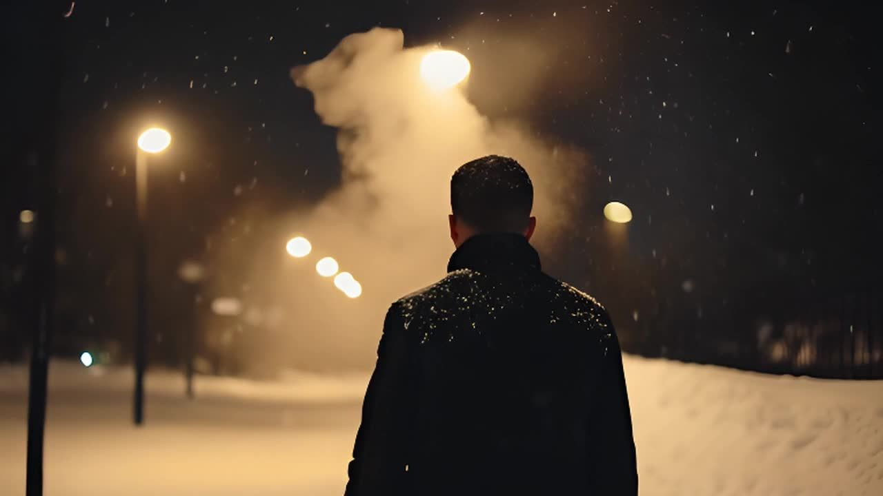 一个人走在雪夜里，他呼出的气体在寒冷的空气中可见。