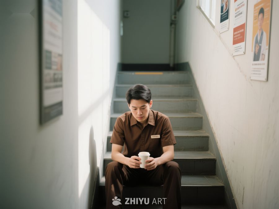 男子楼梯间静坐手持咖啡杯 263
