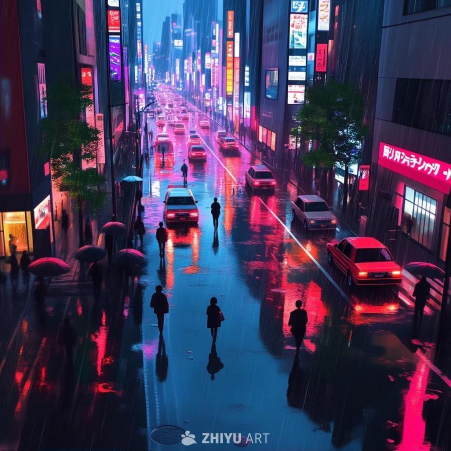 下着雨的城市街道，行人走在人行道上，车辆在道路上行