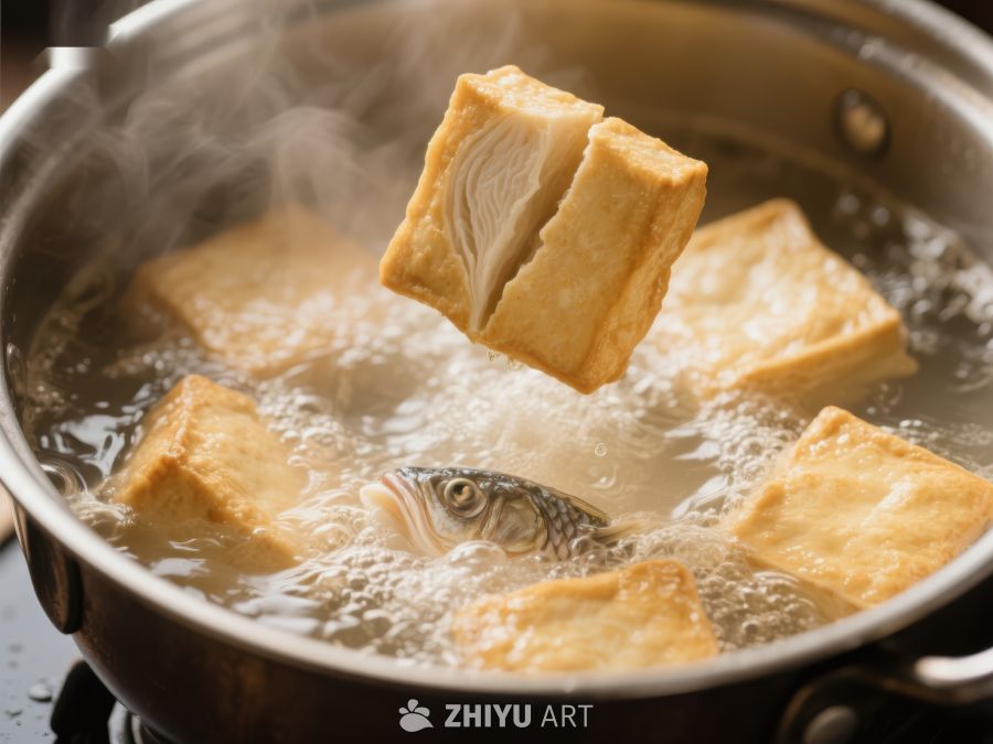 热锅中煮制的豆腐与鱼片 472