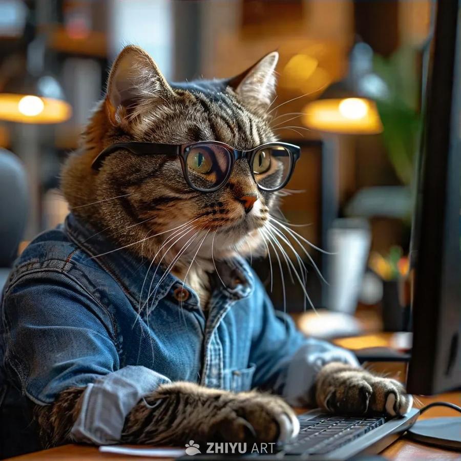 一只猫戴着眼镜，穿着衬衫，在办公室的电脑前工作。背