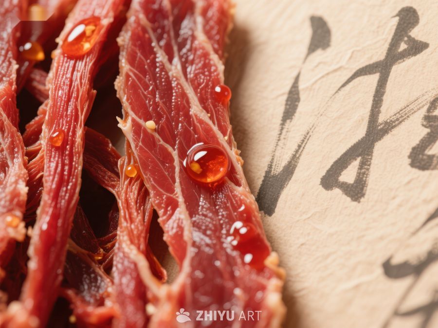 牛肉干特写与书法背景 1081