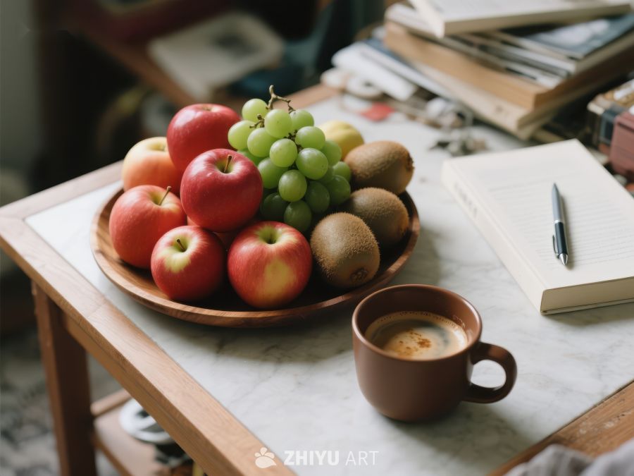 水果盘与咖啡杯静置书桌一角 518