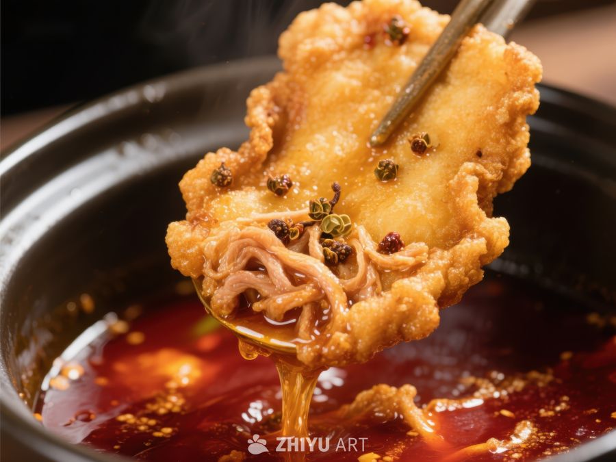 麻辣火锅中的酥脆食材特写 396