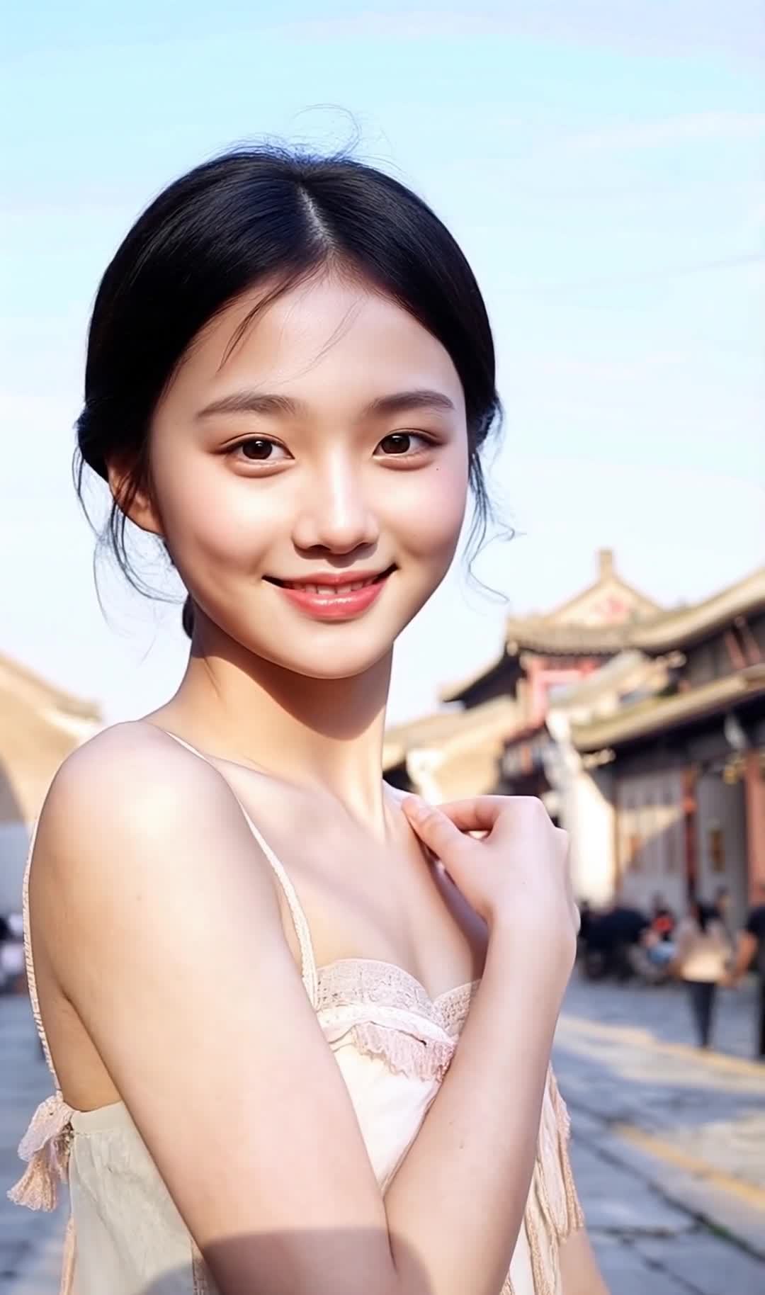 古城背景下的微笑黑发女子