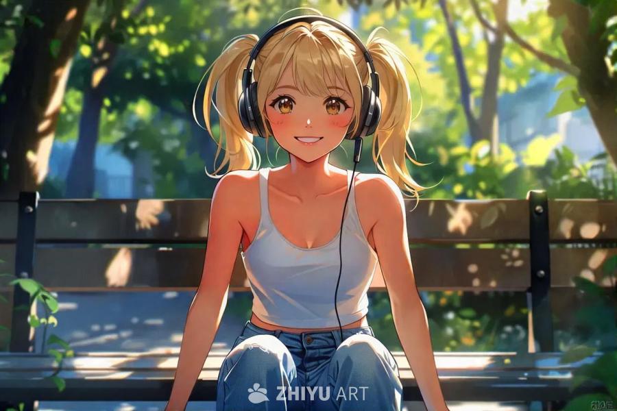 一个金发双马尾的年轻女孩坐在长凳上，穿着白色背心和