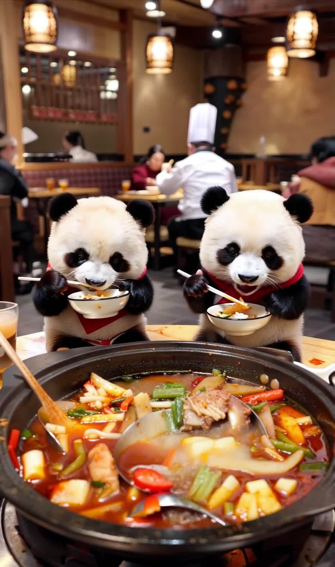 在一家餐馆里，两只熊猫坐在桌子旁，它们脖子上系着红