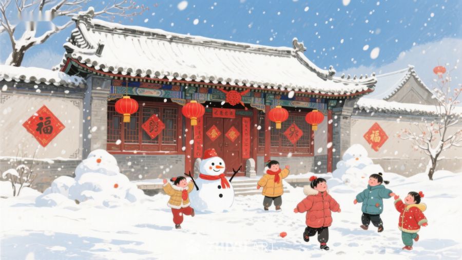 雪中欢笑：孩子们在古建筑前堆雪人 1130