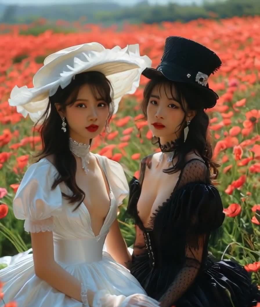 在一片红色花田中，两位年轻女子并排坐着。左侧的女子