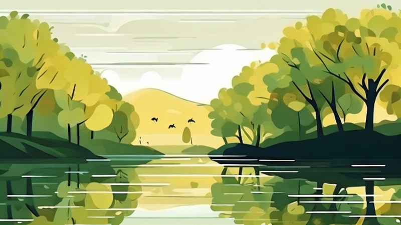 河边柳树插画风景图 9