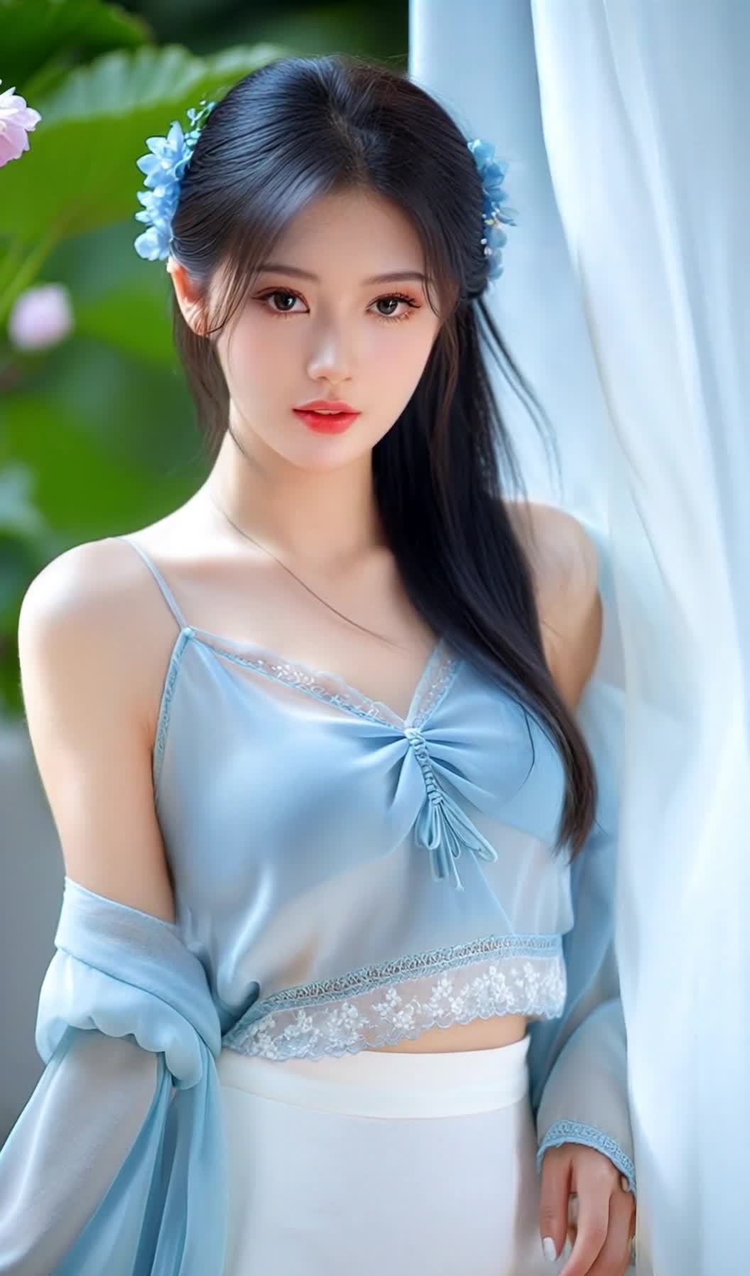 蓝衣女子，窗前凝望，花饰长发，温柔恬静。